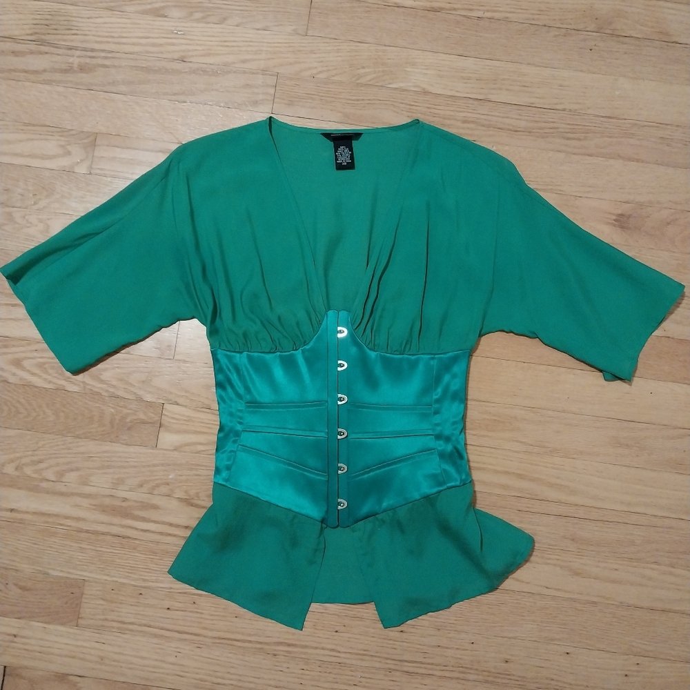 Unique piece! Green silk top with built in corset